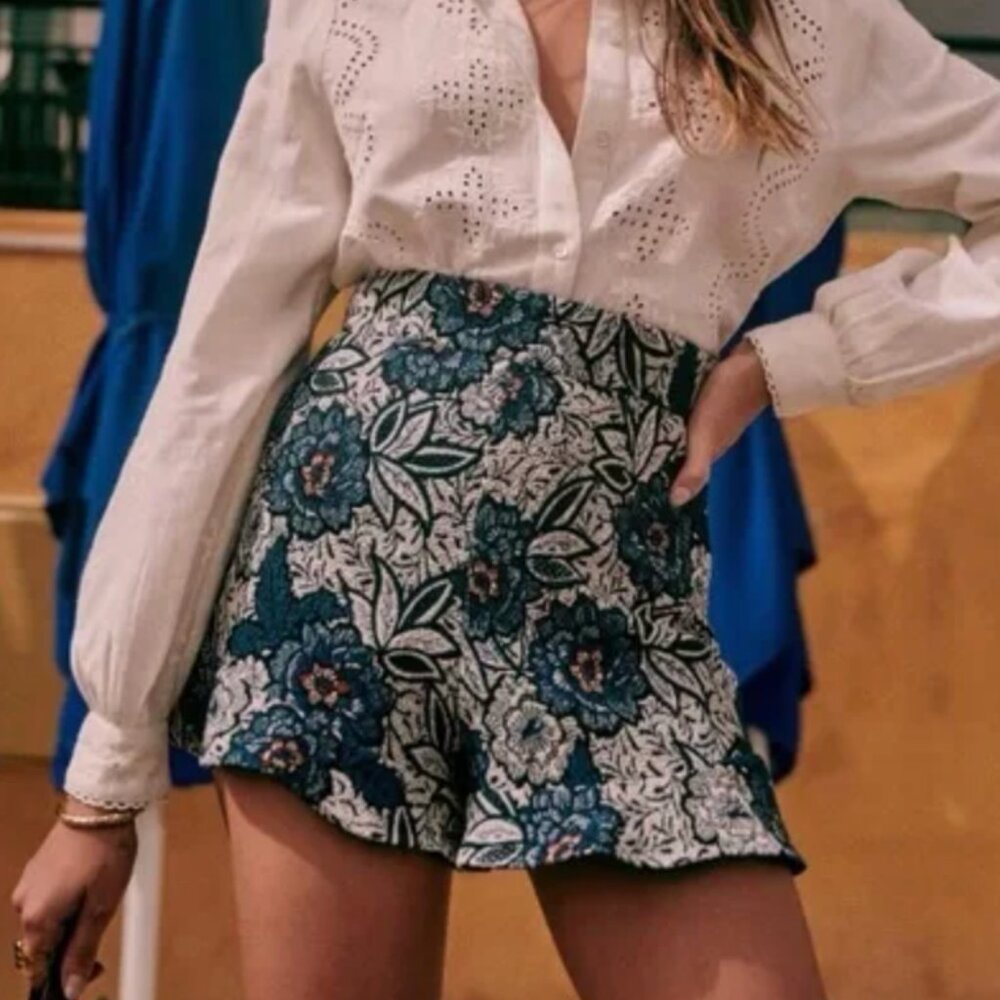 Sezane Dorian Shorts Jacquard Fleurs Bleues - Size 40